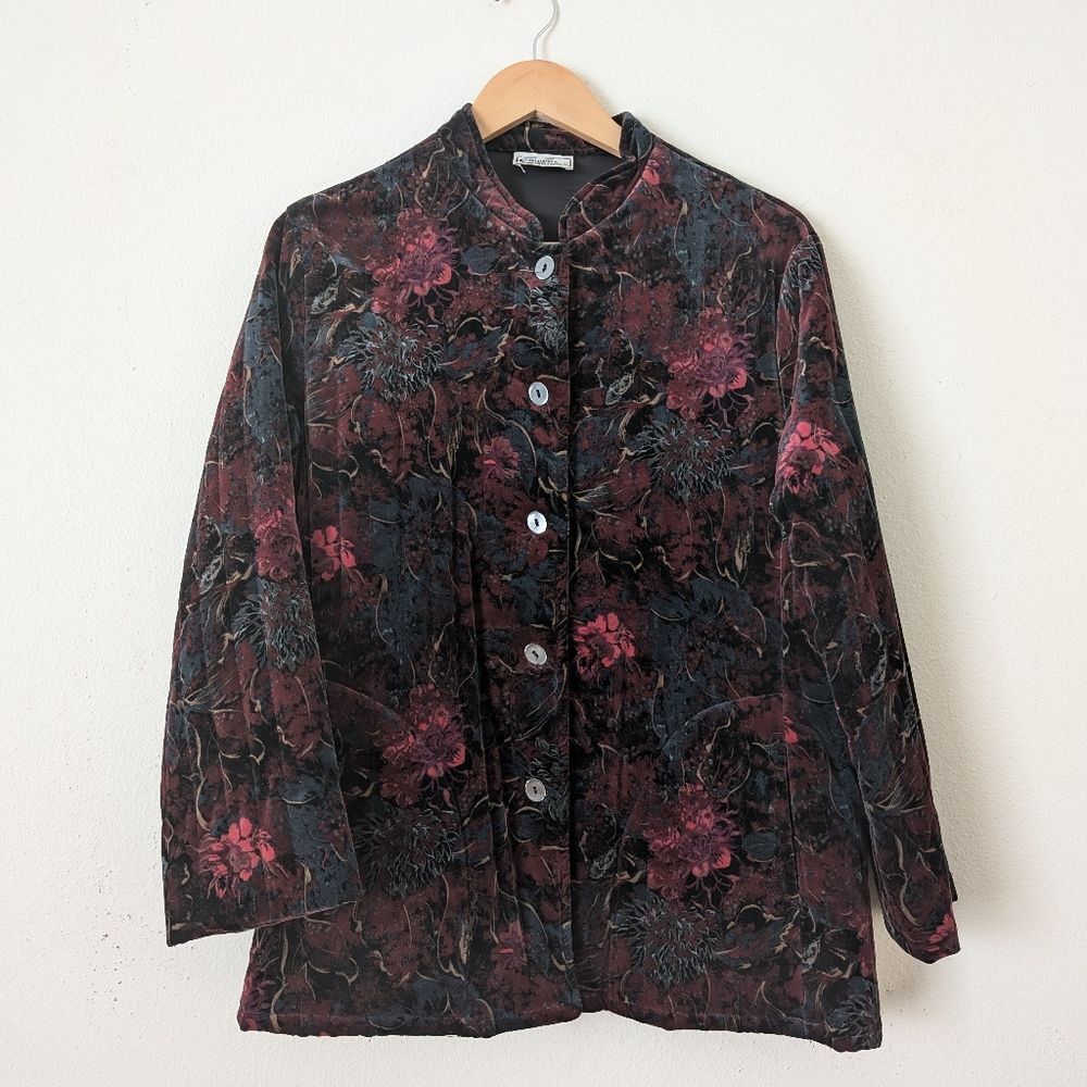 Vintage 1970s Campus Casuals Quilted Velvet Jacket, Burgundy Floral Print